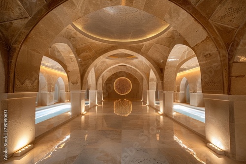 Long hallway with a stone ceiling and a long bench. Hammam background 