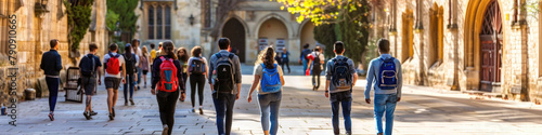 A diverse group of individuals walks along a bustling city street lined with tall buildings