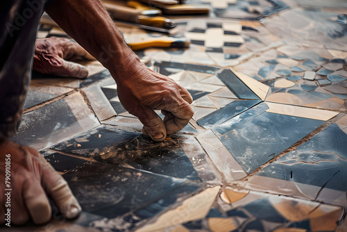 Hands are precisely measuring and laying patterned tiles on a floor.