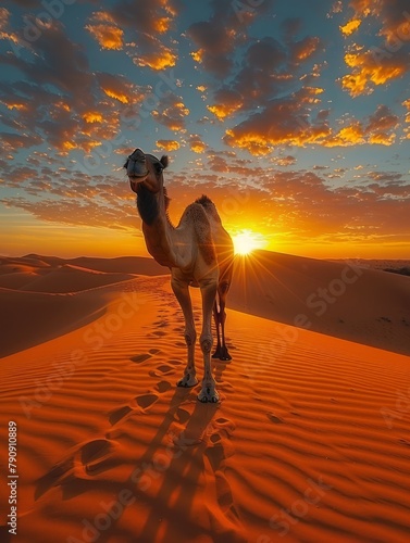 Camel Walking Against a Sunset in the Sand Desert