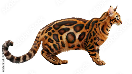 A Bengal cat with a striking leopard-like coat, isolated on transparent background, png file