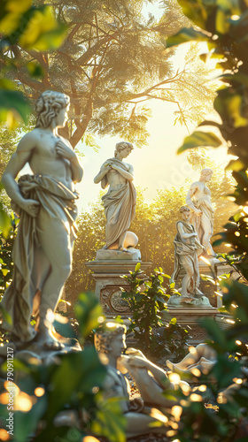 Hellenistic sculpture garden at sunset, 3D vector illustration with classical statues amidst lush greenery, golden light enhancing the ancient details