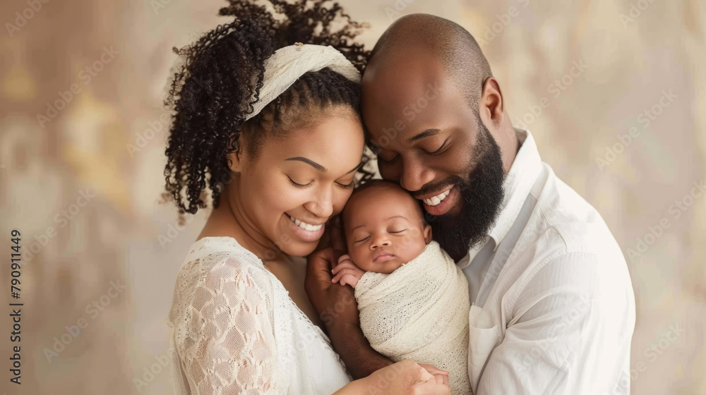 A man and woman standing together, holding a baby in their arms A man and woman standing together, holding a baby in their arms