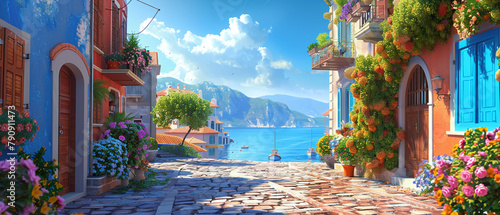 Serene Mediterranean village, picturesque 3D vector illustration with cobblestone streets and coastal views, tranquil and inviting