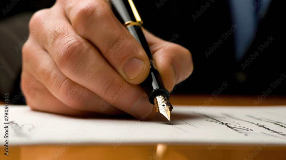 A person sitting at a desk is writing on a piece of paper with a black pen. The paper is blank, and the person appears focused on the task at hand A person sitting at a desk is writing on a piece of paper with a black pen. The paper is blank, and the person appears focused on the task at hand