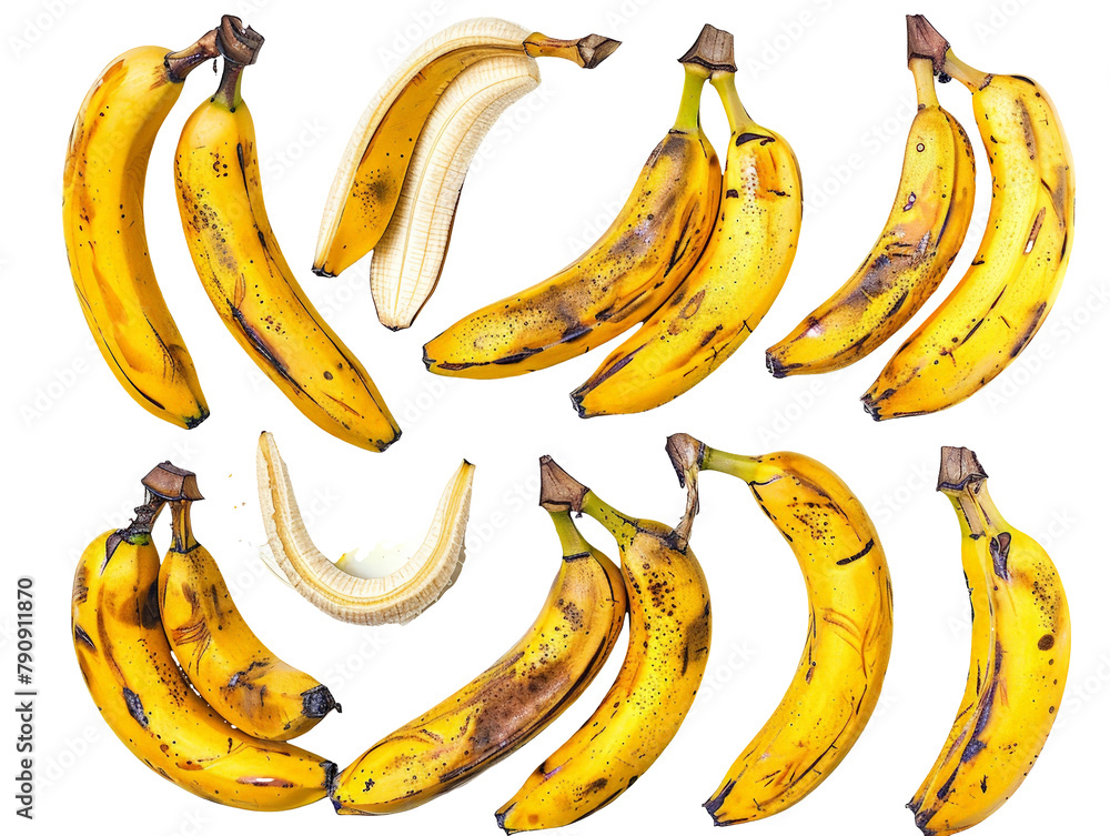 Set of branches of ripe bananas, yellow and curved