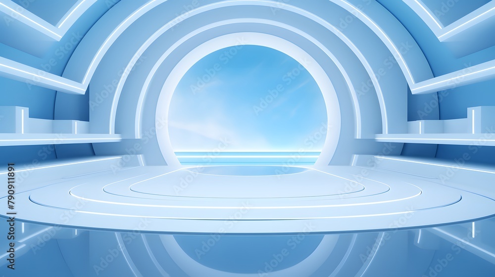 Obraz premium 3d rendering of white and blue abstract geometric background. Scene for advertising, technology, showcase, banner, game, sport, cosmetic, business, metaverse. Sci-Fi Illustration. Product display