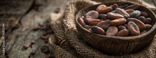 Close Up Raw Cacao Beans, Rustic Wooden Bowl Display