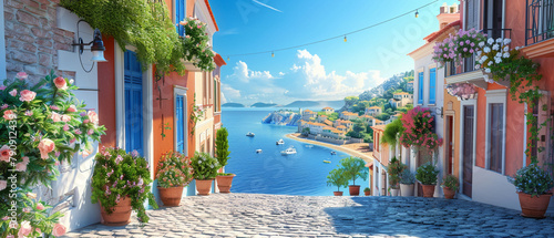 Serene Mediterranean village, picturesque 3D vector illustration with cobblestone streets and coastal views, tranquil and inviting