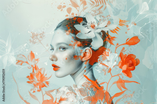 A portrait of a woman with orange and white flowers in her hair, surrounded by blue plants, in the style of digital surrealism