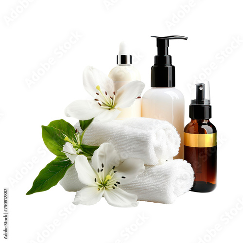 Spa still life with towel and orchid. Isolated on transparent background.