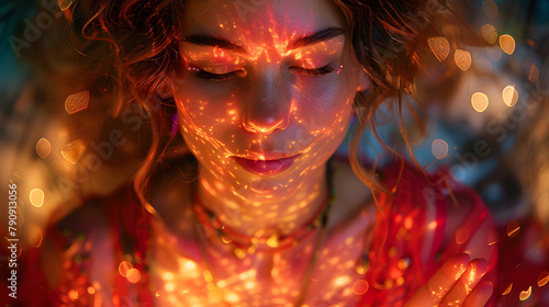 Unlocking Inner Wisdom and Psychic Connection: Woman Meditating Amidst Vibrant Red and Maroon Auras