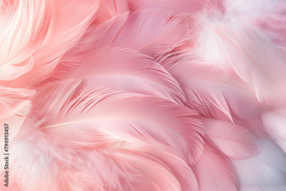 Beautiful background of light pink and white feathers in closeup, soft texture of bird plumage. Abstract wallpaper, background for design with space for copy