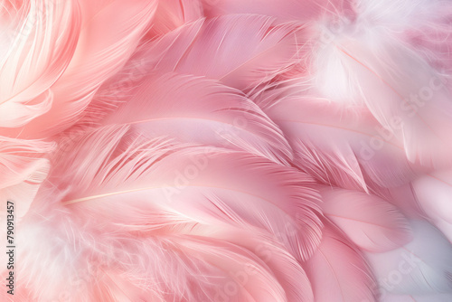 Beautiful background of light pink and white feathers in closeup, soft texture of bird plumage. Abstract wallpaper, background for design with space for copy