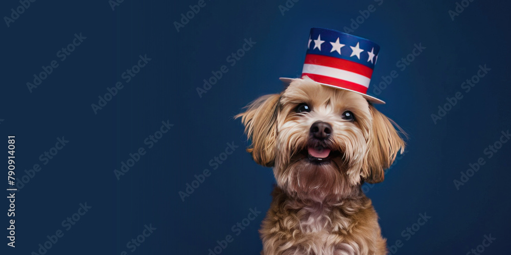 Fototapeta premium Cute dog Dress in a 4th of July Hat with Space for Copy