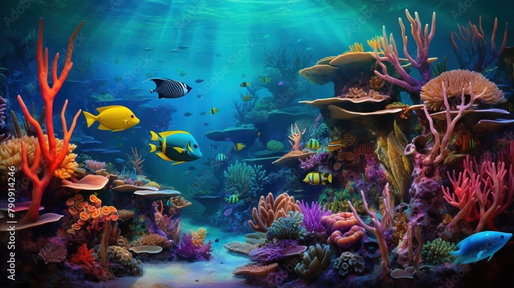 beautiful underwater scenery with various types of fish and coral reefs

