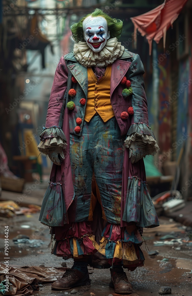 Fototapeta premium Man in tech infused clown attire, blending tradition with modernity in a unique costume