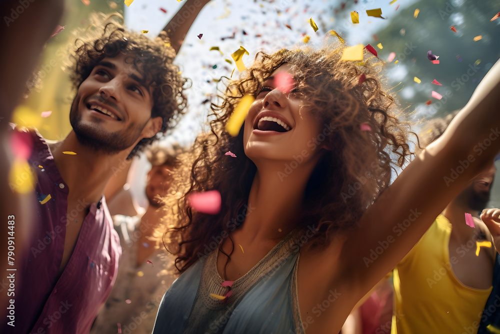 Obraz premium Joyous group celebrating at an outdoor festival during golden hour