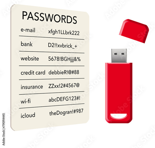 A card with passwords and a flash drive containing passwords are seen in a 3-d illustration about options for storing passwords. © Rob Goebel
