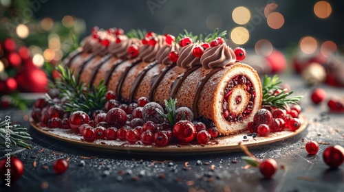  A Christmas roll with chocolate frosting, topped with cranberries, displayed on a platter encircled by holly and scarlet berries