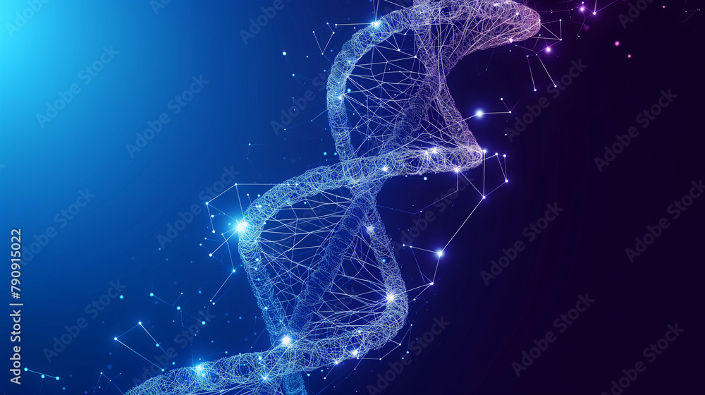 structure of a DNA molecule on a blue dark background, made of a frame neon line, minimalism, space for copying structure of a DNA molecule on a blue dark background, made of a frame neon line, minimalism, space for copying
