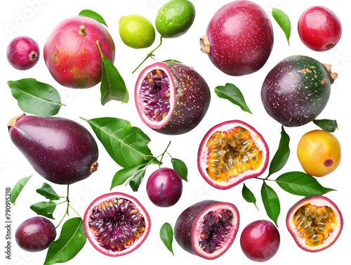 Set of branches of ripe passion fruit  purple skin and tropical