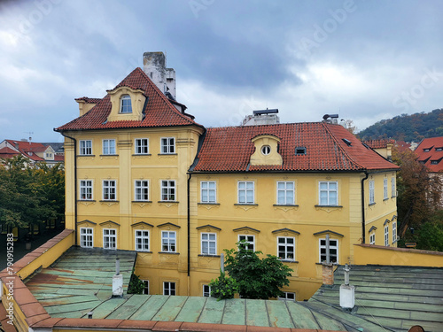 Colourful houses mark one end of the Karluv Most (Charles Bridge) in Prague, Czechoslovakia.  