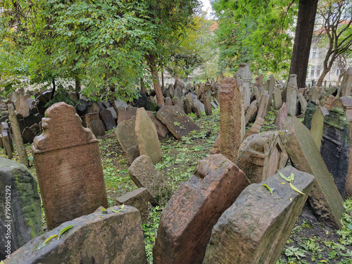 A tumble of headstones in the old Jewish cemetery, Prague, Czechoslovakia.  