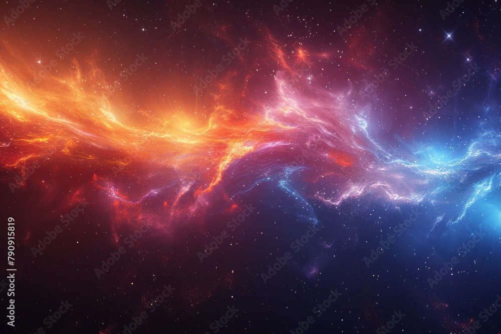 Fototapeta premium Majestic Cosmic Nebula with Radiant Hues of Purple and Fiery Orange Illuminating the Vast Universe 