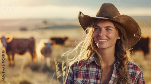 A Smiling Cowgirl with Cattle photo