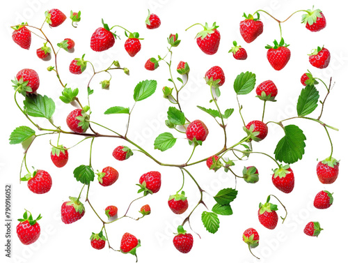 Set of branches of ripe strawberries, red and luscious