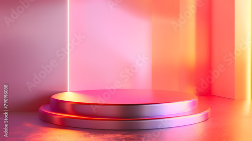 Background an empty sleek metallic podium with a neons set against peach fuzz color