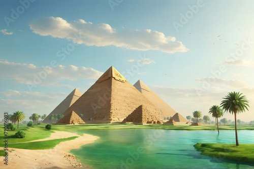 Egyptian Pyramid Landscape Background, Pyramids Wallpaper, Pyramid Wallpaper, Egyptian Pyramids with River Nile Valley, Giza pyramids and river Nile, AI Generative