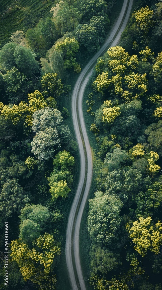 A winding road slicing through a lush forest canopy viewed from above A winding road slicing through a lush forest canopy viewed from above
