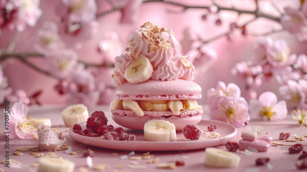   A pink dessert, topped with bananas, raspberries, and whipped cream, rests on a pink plate Surrounding it are delicate pink flowers