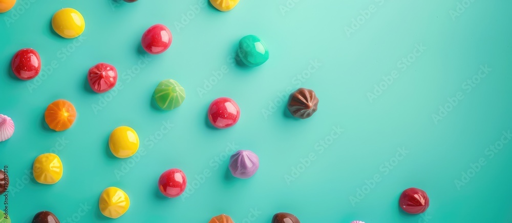 Colorful candies arranged on a soft turquoise background, captured from a top view in a flat lay style. Colorful candies arranged on a soft turquoise background, captured from a top view in a flat lay style.