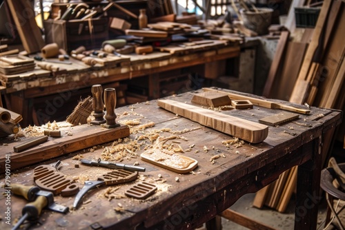 Many tools on a table in a workshop photo