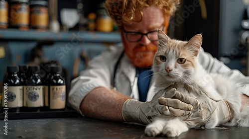 veterinarian checking the cat in his office