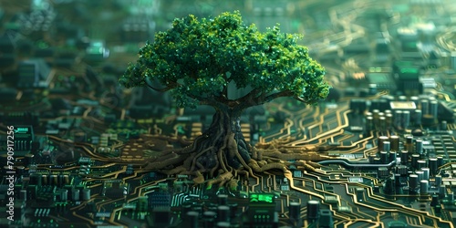 Interconnected Nature of Green IT Solutions Visualized through Digital of Tree Rooted in Circuit Board © Bussakon
