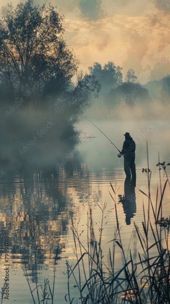 Man fishing in a lake with a foggy sky