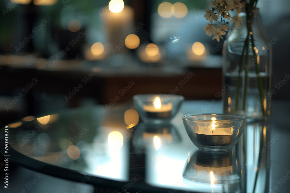 Soft candlelight adds a touch of romance to the glass tabletop.