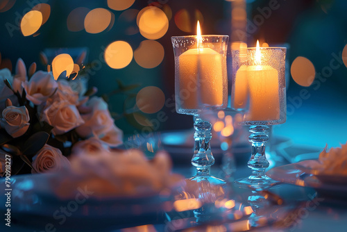 Soft candlelight adds a touch of romance to the glass tabletop. photo