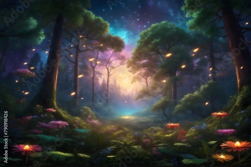 Mysterious Forest Landscape Background, Whimsical Forest Scene Wallpaper, Magic Forest, Forest wilderness at night, Enchanted Forest Wallpaper, Fantasy fairy tale Forest, AI Generative © Forhadx5