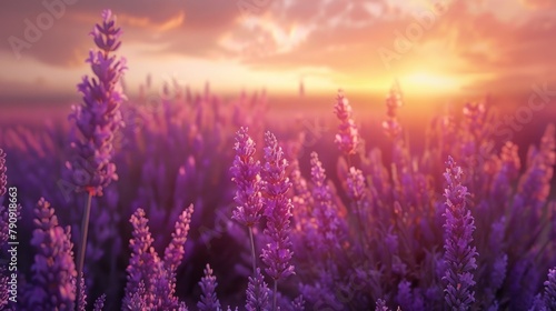 Breathtaking lavender field at sunset panorama