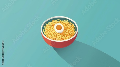 Illustration of a bowl of noodles with a sunny side up egg on top, set against a teal background