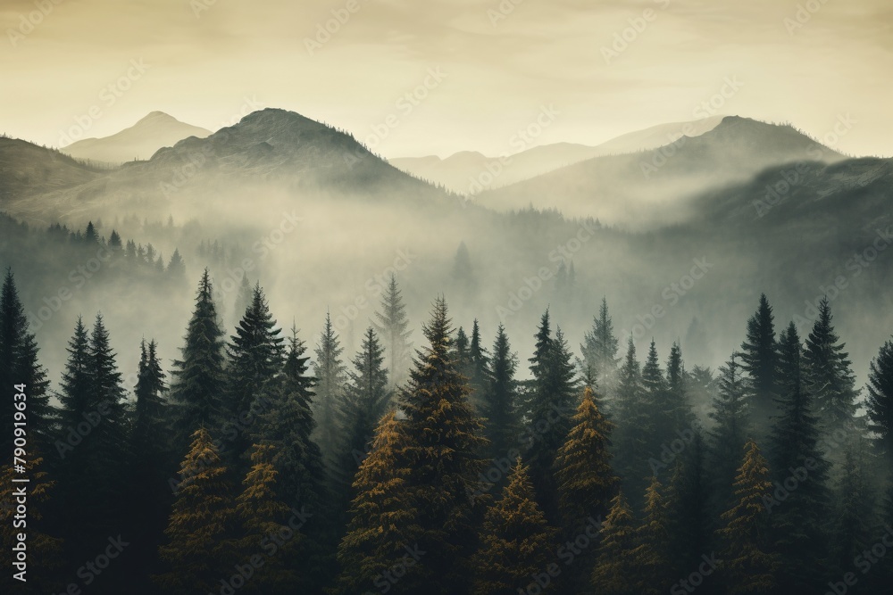 Misty Mountain Fir Forest Landscape, Foggy Forest Landscape, Foggy Mountain Forest Wallpaper, Mountains Forest Covered in Fog, Mysterious Forest Background, Fog Forest, AI Generative