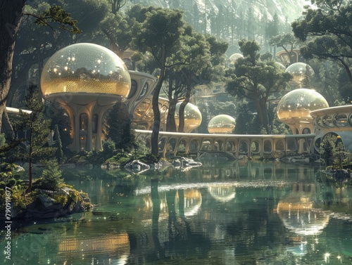 Craft a digital masterpiece of a utopian paradise seen from below--enchanting viewers with a vision of modernity and tranquility Envision light-filled domes hovering over crystal-clear lakes, a fusion
