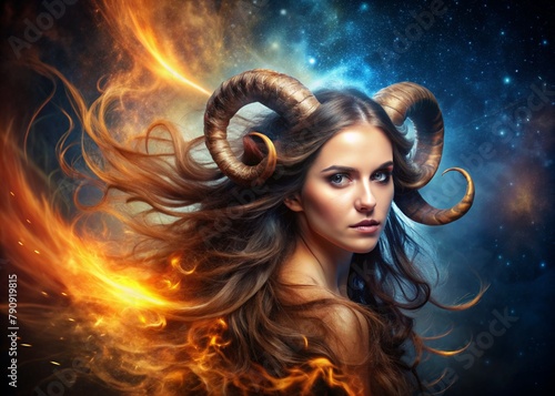 Zodiac signs. Astrological forecast. Predictions. A beautiful girl in the zodiac sign aries. The concept of astrology and horoscope. A series of images of 12 zodiac signs.