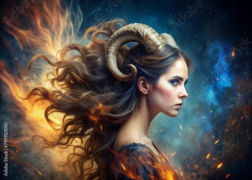Zodiac signs. Astrological forecast. Predictions. A beautiful girl in the zodiac sign aries. The concept of astrology and horoscope.