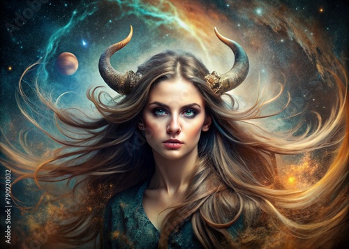 Zodiac signs. Astrological forecast. Predictions. A beautiful girl in the zodiac sign Taurus. The concept of astrology and horoscope.A series of images of 12 zodiac signs.
